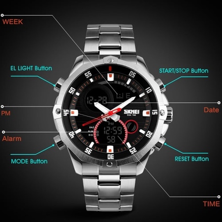 SKMEI Praktische Trendy Analog-Digital-Dual Time-Mann-Uhr 3ATM Wasserdicht Armbanduhr mit Chronograph Datum Alarm 2 Zeitzone