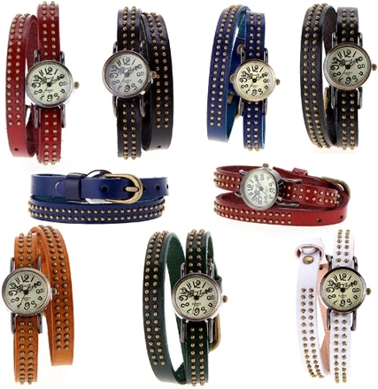 Frauen Lady Vintage Quarz Wrist Watch Nieten Runde Bronze Wrap Strap Bracelet