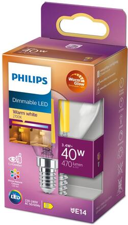 Philips: LED E14 Klot 3,4W (40W) Klar Dim WarmGlow 470