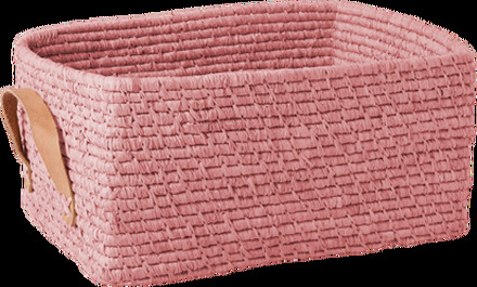 Rice - Raffia Rectangular Basket w. Leather Handle - Soft Pink