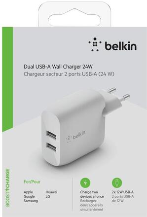 Belkin Dual Usb-A Wall Charger, 12W X2, White