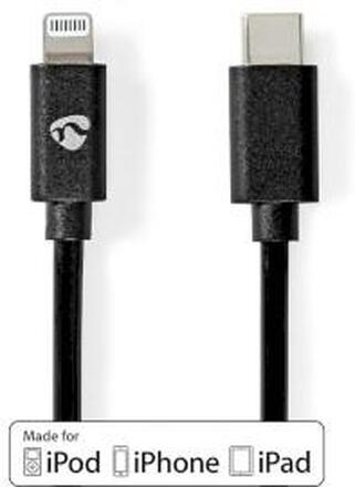 Nedis Lightning Kabel | USB 2.0 | Apple Lightning, 8-stifts | USB-C- Hane | 480 Mbps | Nickelplaterad | 1.00 m | Rund | PVC | Svart | Kuvert