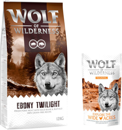 12 kg Wolf of Wilderness 12 kg + 100 g Training "Explore" på köpet! - Ebony Twilight - Wild Boar & Buffalo