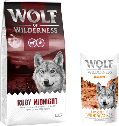 12 kg Wolf of Wilderness 12 kg + 100 g Training "Explore" på köpet! - Ruby Midnight - Beef & Rabbit