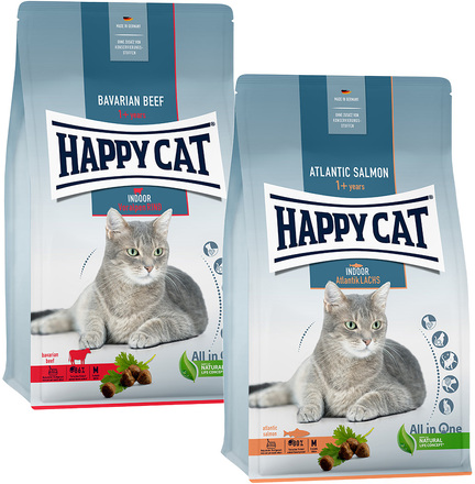 Blandpack: Happy Cat Indoor 2 x 4 kg Bavarian Beef, Atlantic Salmon