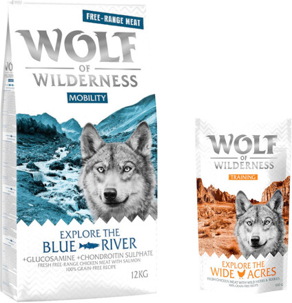 12 kg Wolf of Wilderness 12 kg + 100 g Training "Explore" på köpet! - Explore The Blue River - Free Range - Chicken & Salmon (Mobility)