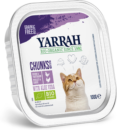 48 x 100 g Yarrah Luomu -säästöpakkaus - Chicken Chunks: luomukana & luomukalkkuna ja luomu- aloe vera