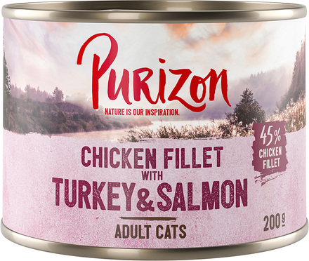 Kjøp 24 Purizon Adult 200 g / 400 g, betal for 22! – kyllingfilet med kalkum og laks 24x200 g