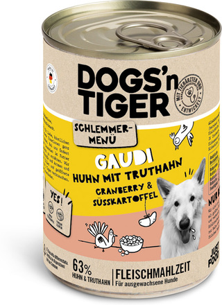 Ekonomipack: Dogs'n Tiger gourmetmeny för hundar 12 x 400 g - Kyckling med kalkon, tranbär och sötpotatis
