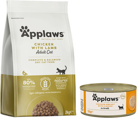 Applaws provpack: Torr- och våtfoder - 2 kg Adult Chicken & Lamb + 6 x 70 g Kycklingbröst & ost