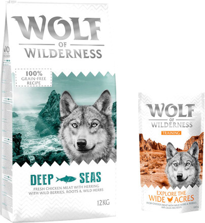 12 kg Wolf of Wilderness 12 kg + 100 g Training "Explore" på köpet! - Deep Seas - Herring