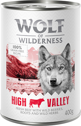 Økonomipakke: 24 x 400 g Wolf of Wilderness Adult - Single Protein - High Valley - Okse