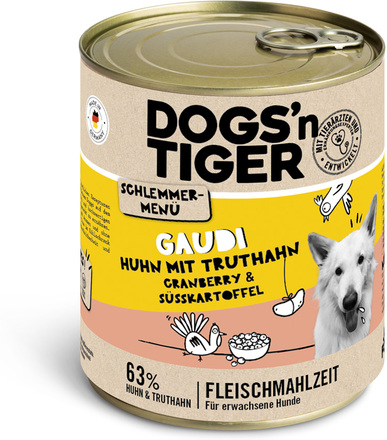 Dogs'n Tiger gourmetmeny för hundar 6 x 800 g - Kyckling med kalkon, tranbär och sötpotatis