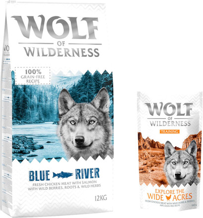 12 kg Wolf of Wilderness 12 kg + 100 g Training "Explore" på köpet! - Blue River - Salmon