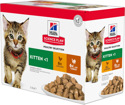 Hill's Science Plan Kitten portionspose - Økonomipakke: 48 x 85 g Fjerkræmix: 2 varianter