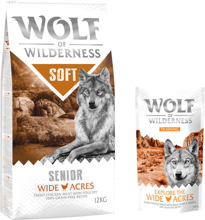 12 kg Wolf of Wilderness 12 kg + 100 g Training "Explore" på köpet! - SENIOR Wide Acres - Chicken (halvfuktigt)