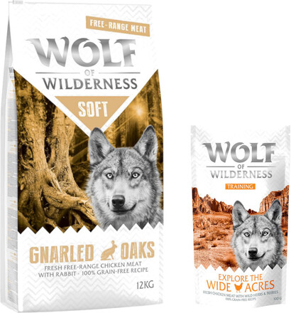 12 kg Wolf of Wilderness 12 kg + 100 g Training "Explore" på köpet! - Gnarled Oaks - Free Range - Chicken & Rabbit (halvfuktigt)