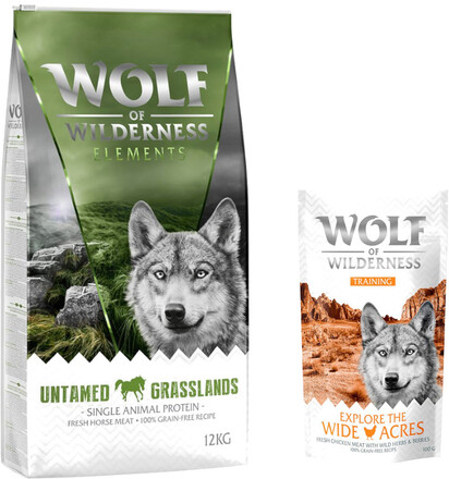 12 kg Wolf of Wilderness 12 kg + 100 g Training "Explore" på köpet! - Untamed Grasslands - Horse (monoprotein)