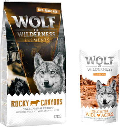 12 kg Wolf of Wilderness 12 kg + 100 g Training "Explore" på köpet! - Rocky Canyons - Free Range - Beef (monoprotein)