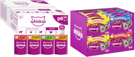 96 x 85 g Jumbopack Whiskas + 16 x 60 g Whiskas Snacks till sparpris! - 1+ Adult: Klassiskt urval i sås