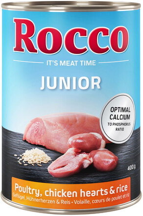 Økonomipakke Rocco Junior 24 x 400 g - Kyllingehjerter & ris + kalcium