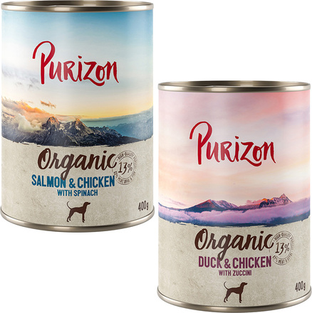 Økonomipakke: Purizon Organic 24 x 400 g - Mixpakke: 12 x And & Kylling, 12 x Laks & Kylling
