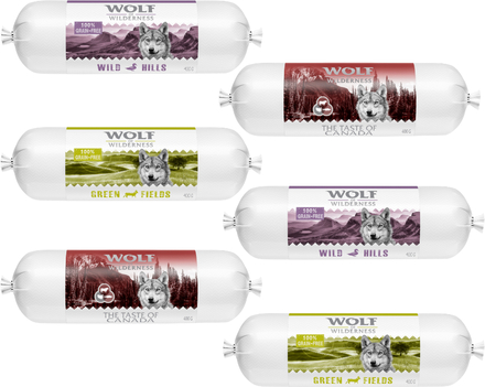 Blandpack: Wolf of Wilderness våtfoder - 6 x 400 g Wurst: Lamb, Duck, Canada