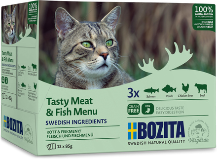 12 x 85 g Bozita Pouch våtfoder katt till sparpris! - Bitar i gelé mixpack fisk & kött