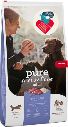 12,5 + 1,5 kg på köpet! 14 kg MERA pure sensitive Adult - Lamm & ris