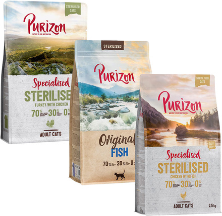3 x 2,5 kg Purizon torrfoder i blandpack - prova nu! - Sterilised Mix II: Kyckling & fisk / Kalkon & fisk / Fisk