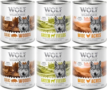 10 % Rabatt! Wolf of Wilderness mixpakker - 6 x 800 g (Classic bokser): 2x Villsvin, 2x Kylling, 2x Lam