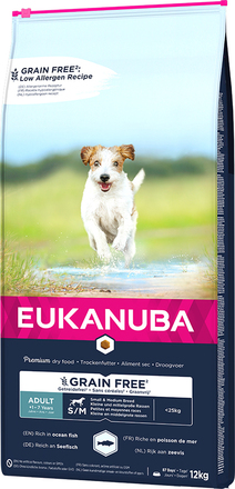 Eukanuba Grain Free Adult Small / Medium Breed med Laks - Økonomipakke: 2 x 12 kg