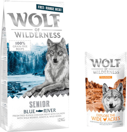 12 kg Wolf of Wilderness 12 kg + 100 g Training "Explore" på köpet! - SENIOR Blue River - Free Range - Chicken & Salmon