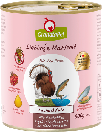 GranataPet Liebling's Mahlzeit 6 x 800 g - Lax & kalkon med potatis, nypon, persilja, och nattljusolja