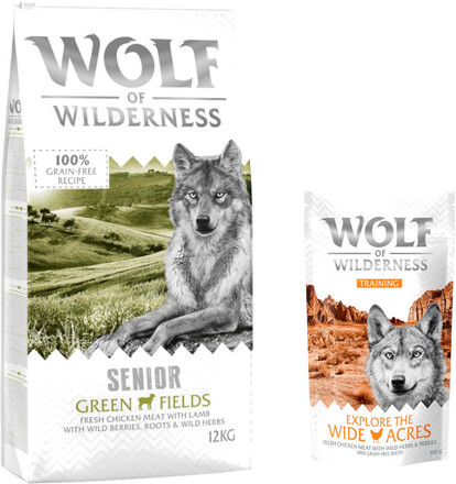 12 kg Wolf of Wilderness 12 kg + 100 g Training "Explore" på köpet! - SENIOR Green Fields - Lamb