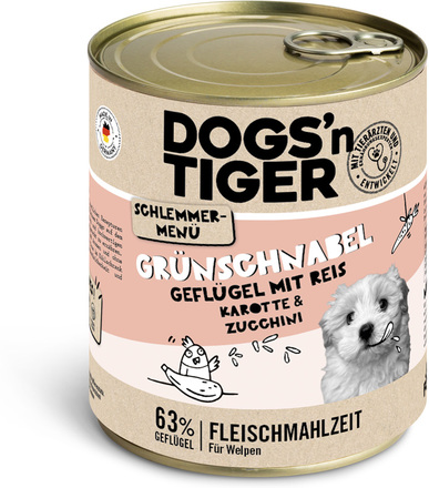 Dogs'n Tiger gourmetmeny för hundar 6 x 800 g - Fjäderfä med naturligt ris, morötter och zucchini (Junior)