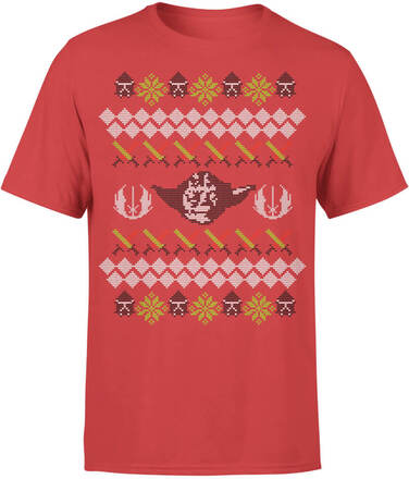 Star Wars Christmas Yoda Face Sabre Knit Red T-Shirt - L - Red