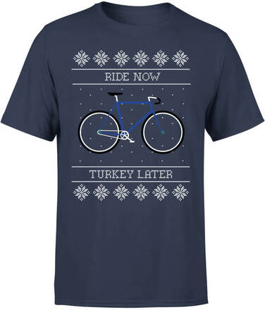 Ride Now, Turkey Later Men's Christmas T-Shirt - Navy - XL - Navy