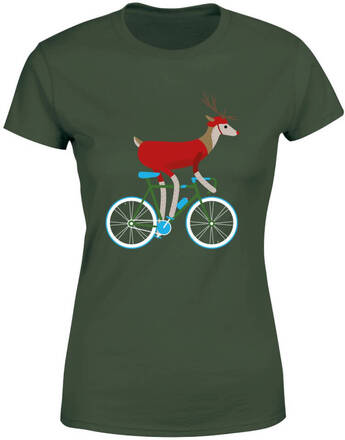 Biking Reindeer Women's Christmas T-Shirt - Forest Green - S - Forest Green