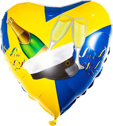 Folieballong Hjärta Blå/Gul med Studentmössa