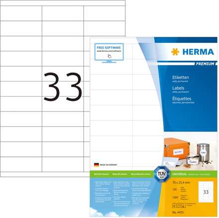 HERMA Permanenta etiketter PREMIUM A4 70x25,4 mm 100 ark