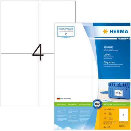 HERMA Permanenta etiketter PREMIUM A4 105x148 mm 100 ark vit