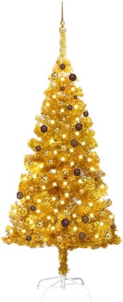 vidaXL Plastgran med LED och julgranskulor guld 210 cm PET