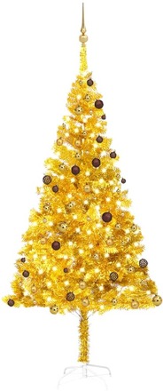 vidaXL Plastgran med LED och julgranskulor guld 240 cm PET