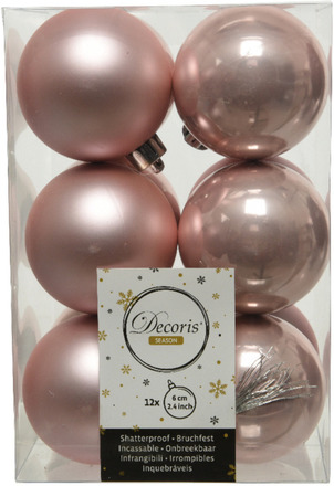12x Lichtroze kerstballen 6 cm kunststof mat/glans