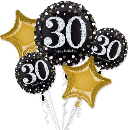 Happy 30th Birthday - Svart och Guldfärgad Ballongbukett med 5 Folieballonger