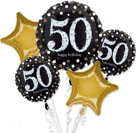 Happy 50th Birthday - Svart och Guldfärgad Ballongbukett med 5 Folieballonger