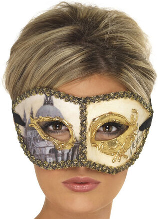 Venetiansk mask med stadsdetaljer och gulddetaljer