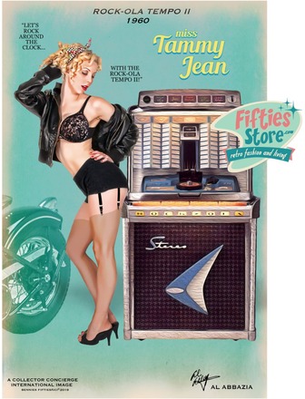Rock-Ola Tempo II Jukebox Pin-Up Miss Tammy Jean Zwaar Metalen Bord 44,5 x 29 cm