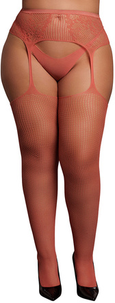 Fishnet and lace garterbelt stockings, red - Queen Size